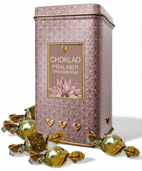 Plåtburk med chokladpraliner - rosa/lila blomma